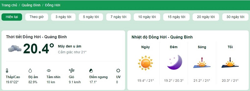 Nhiệt độ tại thành phố Đồng Hới